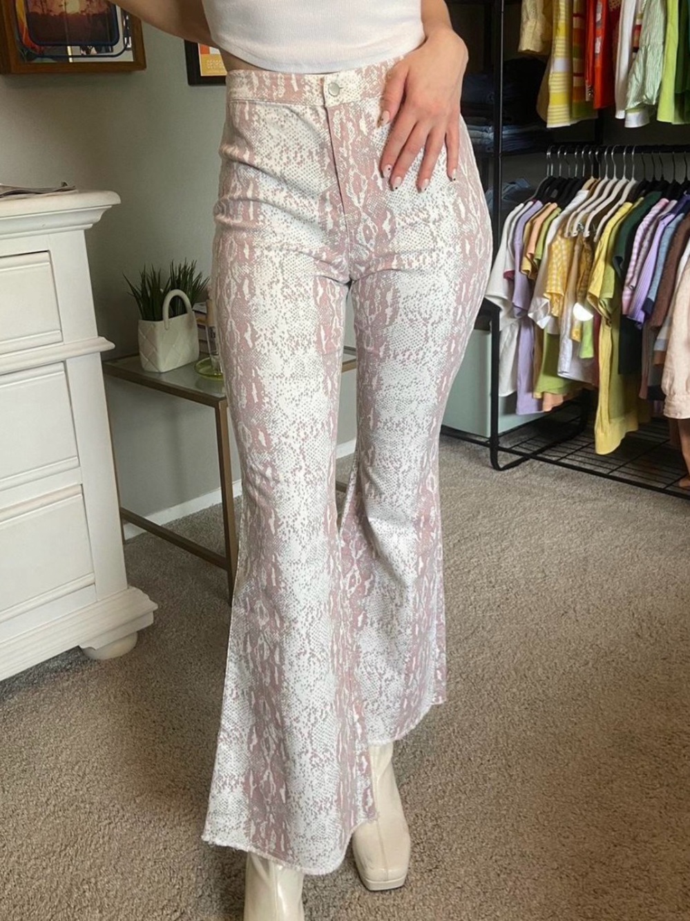 High-Waist Pink Snake Print Flare Pants